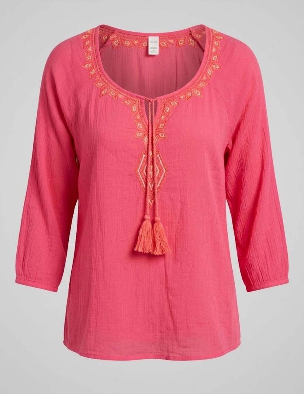Old Navy Hot Pink Embroidered Tassel Tie Neck 3/4 Sleeve Blouse XL